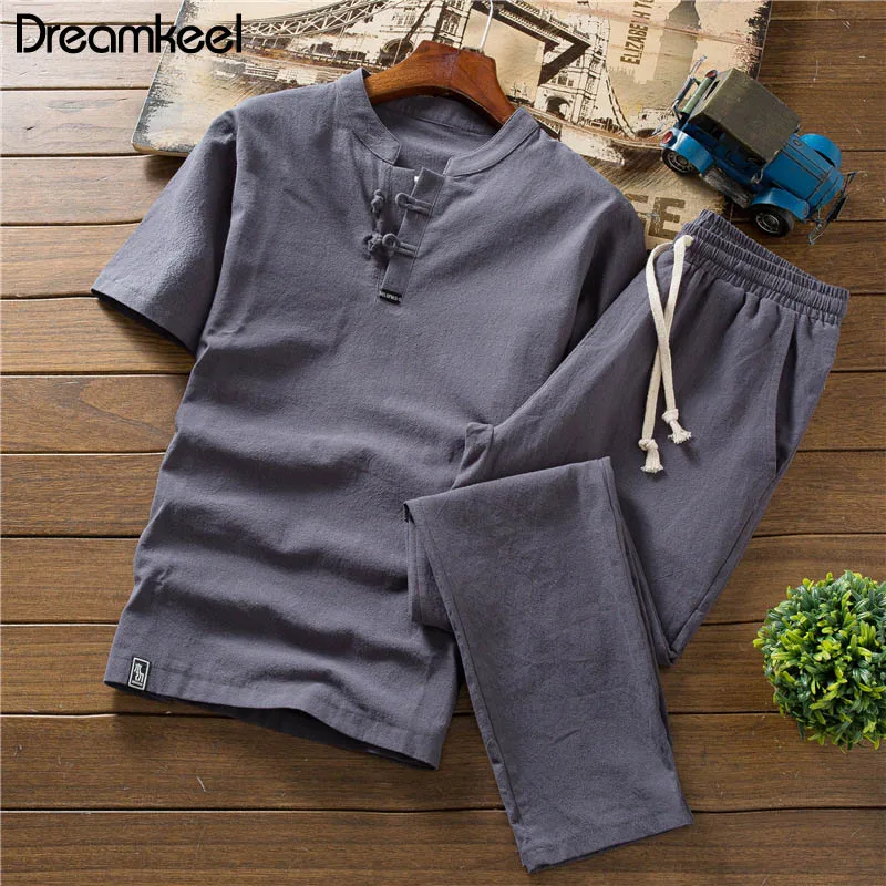 

Cotton and linen thin linen set slim solid color short-sleeved T-shirt large size loose casual breathable trousers Solid Y