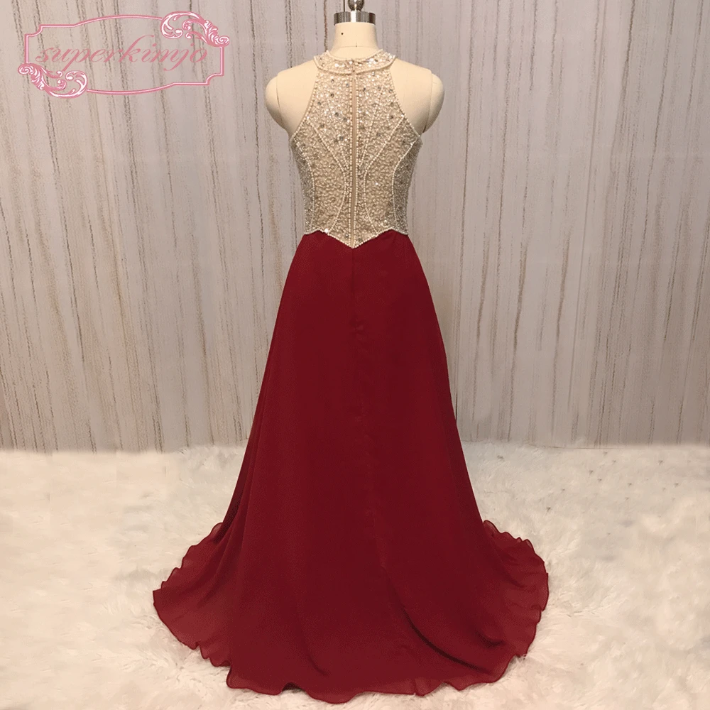 SuperKimJo vestido de festa Бордовое платье для выпускного вечера с бисером ТРАПЕЦИЕВИДНОЕ Дешевое платье для выпускного, Robe De Soiree Longue