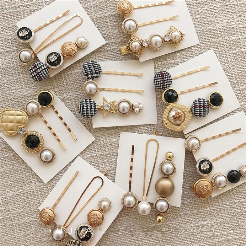 

3pcs/1Set Fashion Hair Accessories Houndstooth Button Imitiation Pearl Hair Clips Metal Heart Star Crystal Hairpin Barrettes