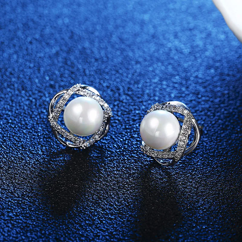 

Fashion S925 Silver Female Pearl Stud Earring Personality Rose Gold Zircon Temperament Cute Jewelry Accessaries Gift 2019 13mm