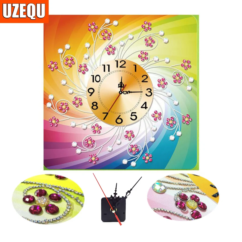 

UzeQu Special Shape Diamond Embroidery Flowers DIY Diamond Painting Wall Clock Picture Of Rhinestones Diamond Mosaic Home Decor