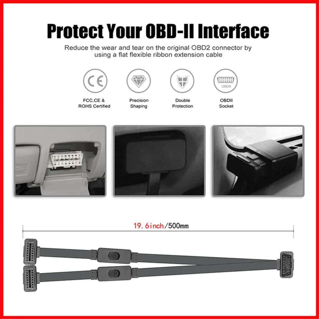 Автомобильный диагностический кабель OBD2/II 1IN2 плоский удлинитель с 16 Pin на длина 50