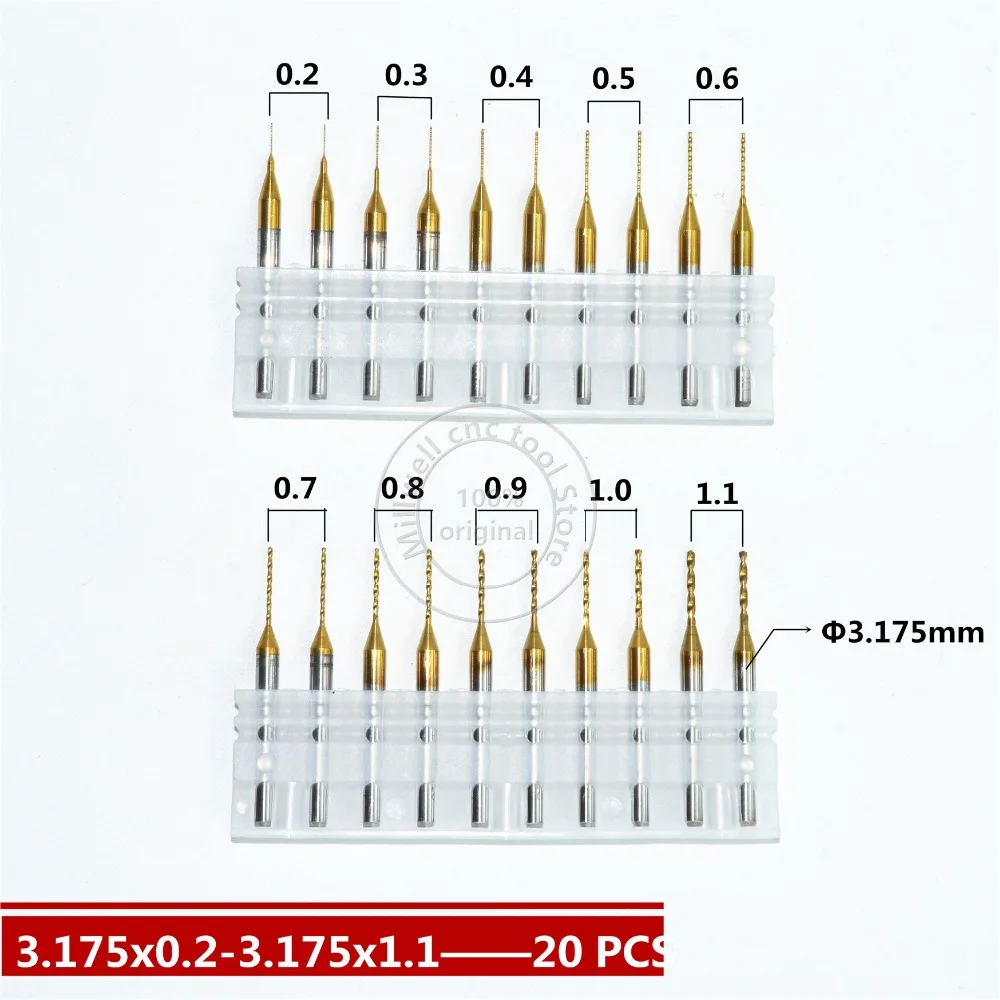 3,175 мм хвостовик 1,1 мм-20 шт, станок с ЧПУ, сверло с Оловянным покрытием pcb, 10 моделей вольфрамовой стали PCB, стекло, волокно, сверло из смолы