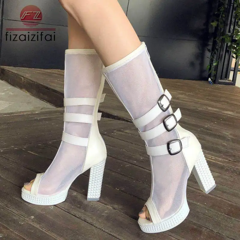 

FizaiZifai Summer Half Short Boots Hollow Net Shoes Women Fashion Buckle Peep Toe Platform High Heel Casual Footwear Size 33-43