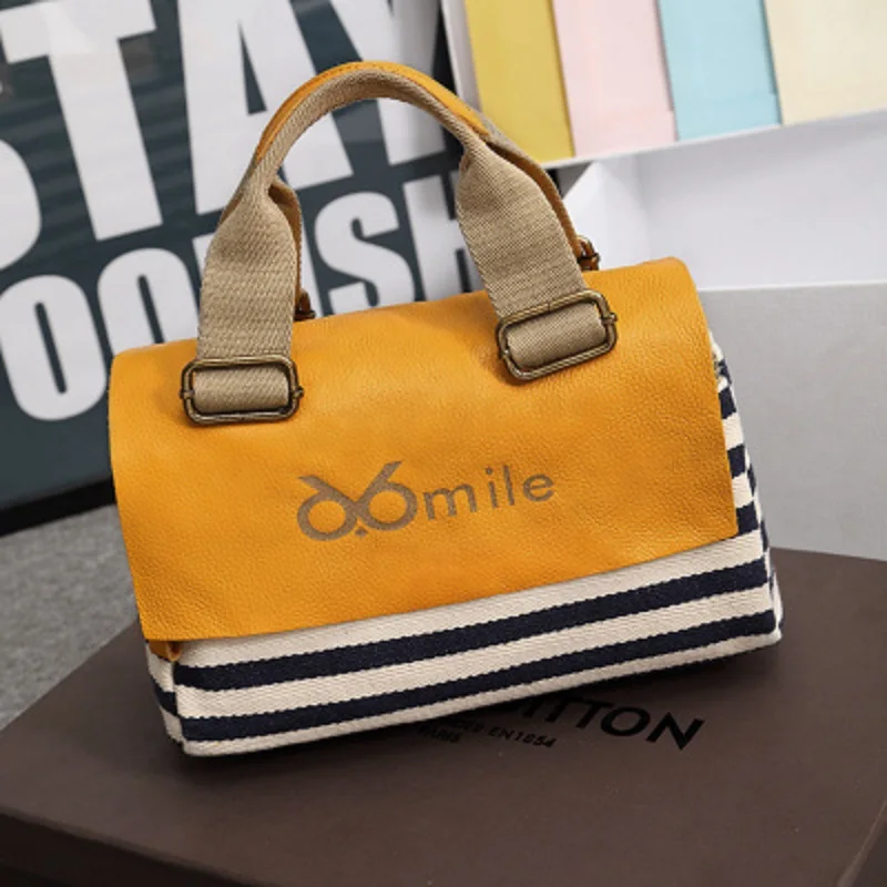 

Fashion female bag shoulder bag small fresh striped canvas bag with leather handbag diagonal small square bag
