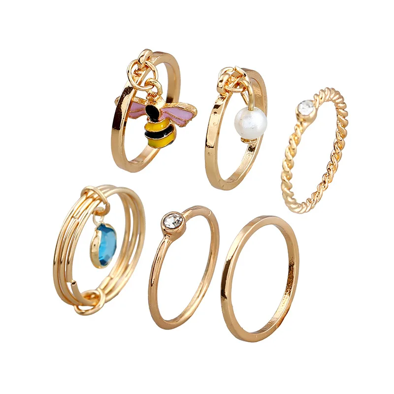 

6Pcs/Sets Fashion New Enamel Bee Ring Simulated Pearl Rhinestone Stack Midi Finger Ring Sets For Women Jewelry Accessories