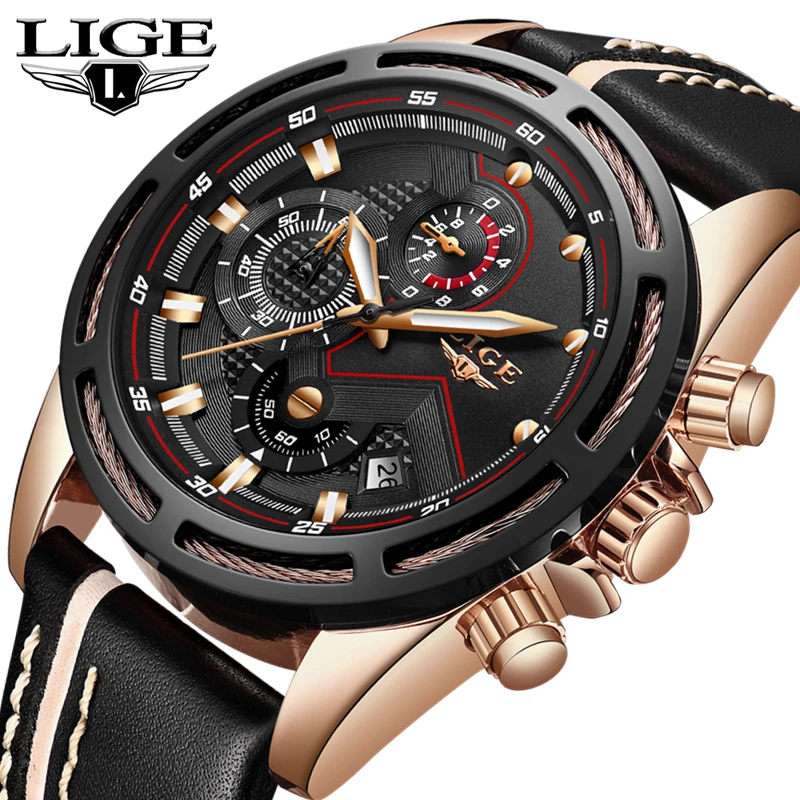 Goede LUIK Mode Heren Horloges Topmerk Luxe Waterdicht Goud Quartz Horloge Mannen Lederen Chronograaf Sport Horloges Relogio Masculino