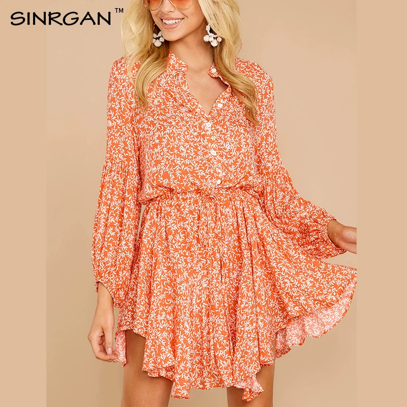 

SINRGAN Floral Print Beach Long Sleeve Dress Women Autumn Work Button Steetwear Loose Mini Shirt Dress Women Belt