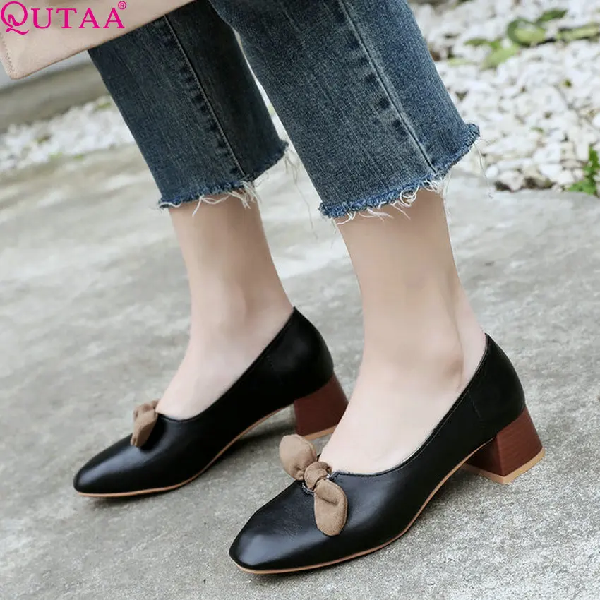 

QUTAA 2019 Women Pumps Pu Leather Square Heel Platform All Match Elegant Slip on Pointed Toe Bow Tie Ladies Shoes Size 34-43