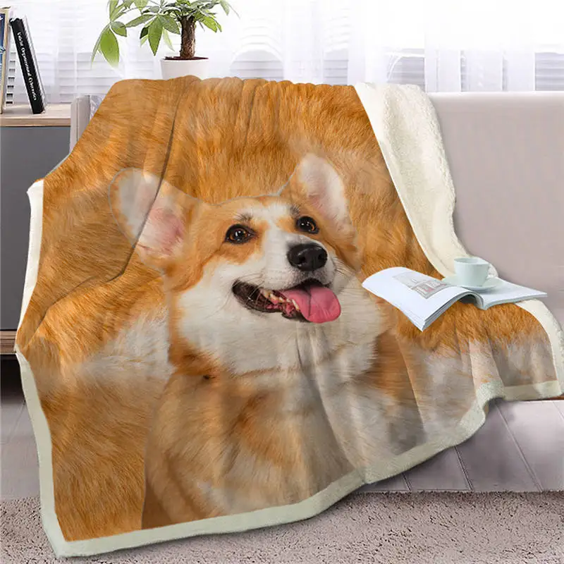 BlessLiving Corgi Dog Throw Blanket on Bed 3D Animal Soft Sherpa Fleece Blanket Brown Bedspreads Fur Print Bedding 150x200cm - Цвет: 1