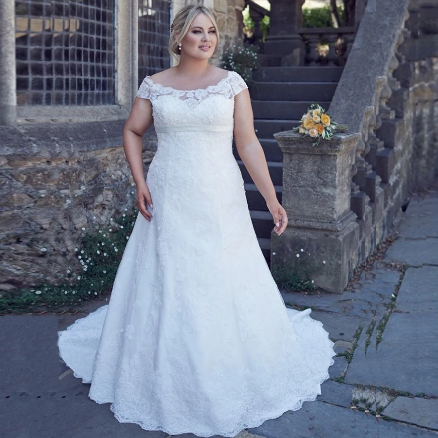 ADLN Винтаж кружево свадебные платья плюс размеры с открытыми плечами аппликация без рукавов свадебное платье с юбкой-годе на шнуровке сзади