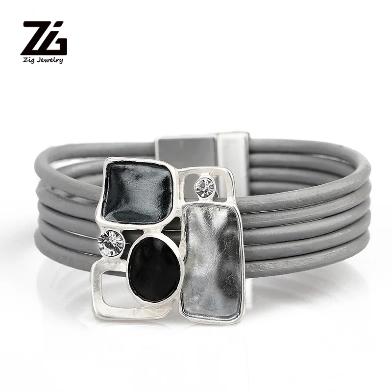 ZG Новое поступление Магнитная застежка кожаные женские ювелирные изделия с цветными металлическими подвесками в 3 цветах - Окраска металла: silver