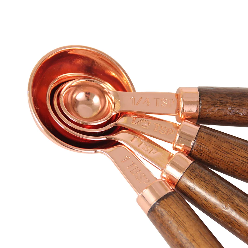 Copper Measuring Spoons Set of 4, Copper-Plated Top-Quality Stainless Steel with Wood Handles / Rose Gold