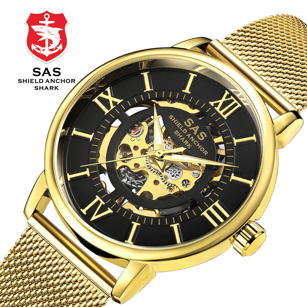 

SAS Shield Anchor Shark Vintage Gold Transparent Case Roman Numeral Skeleton Men Business Mechanical Watches Steel Mesh Bracelet