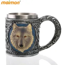 Neuheit 3D Wolf König Becher Edelstahl Wasser Bier Kaffee Trinkbecher Doppelwandige Kaffeetasse Aufkleber