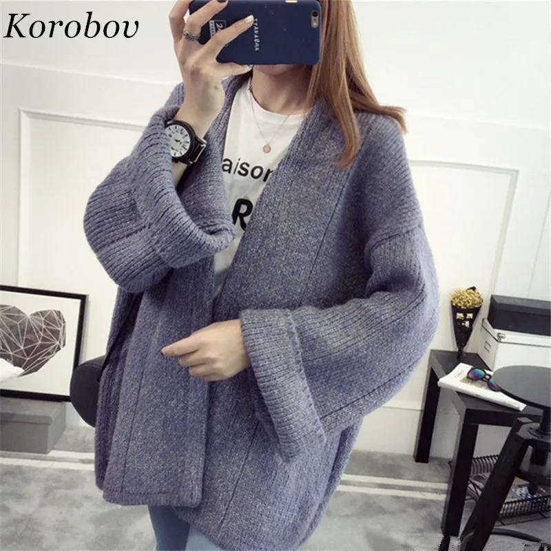 

Autumn New Knitted Korean Loose Sweater Women Solid V-Neck Harakuju Cardigans Flare Sleeves Feminina Open Stitch 75796