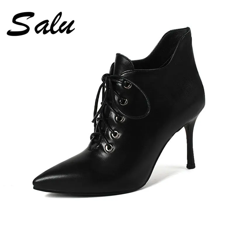 

Salu Handmade Genuine Leather Ankle Boots Women Black Pointed Toe Lace-Up Shoes Short Plush Warm Winter Boots