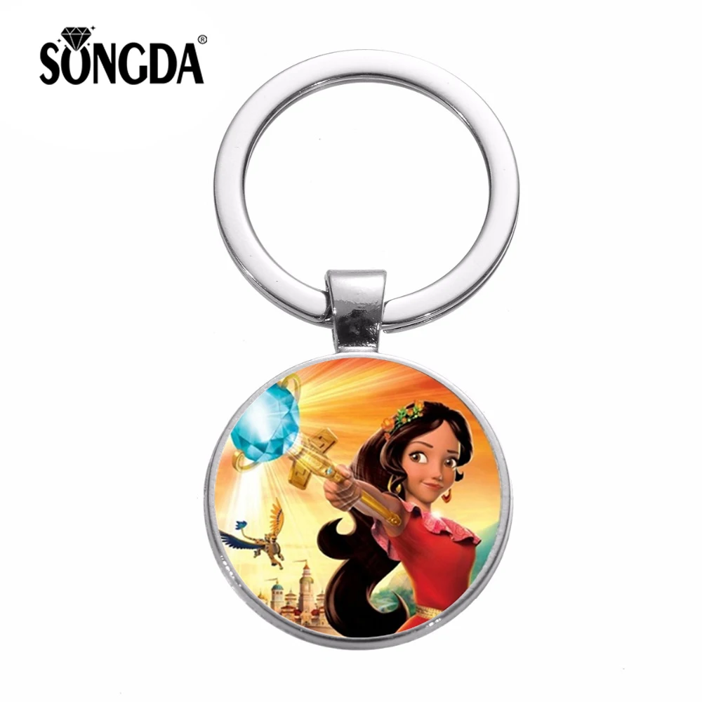 

SONGDA Elena of Avalor Cute Keychain Brave Princess Elena Figure Photo Children Kids Cartoon Glass Round Key Chain Toys Trinkets