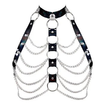 

Leather Harness Bra Black Futuristic Patent Leather Punk Metal Chain Rivet Pastel Goth Lingerie Top Cage Breast Belt Plus Size