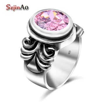 

Szjinao Hot Sale Pink Oval Stone Ring Charm Handmade Engagement Crystal Jewelry 925 Sterling Silver Halo Rings For Women Spinner