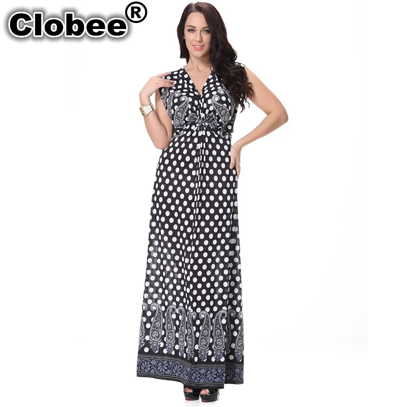 

Retro 2019 Women Summer Polka Dot Maxi Dress Long Beach Club Party Dresses V Neck Sleeveless Plus Size 7XL vestidos de festa