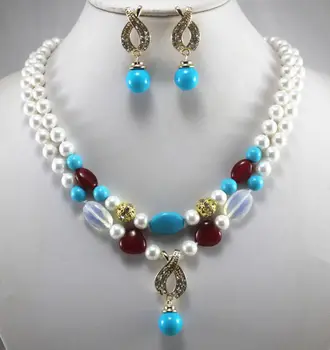 

Free shipping@@@@@ Charming 8mm2Row Jade/Pearl/Crystal White&Blue Necklace Earring Ring Jewelry Set