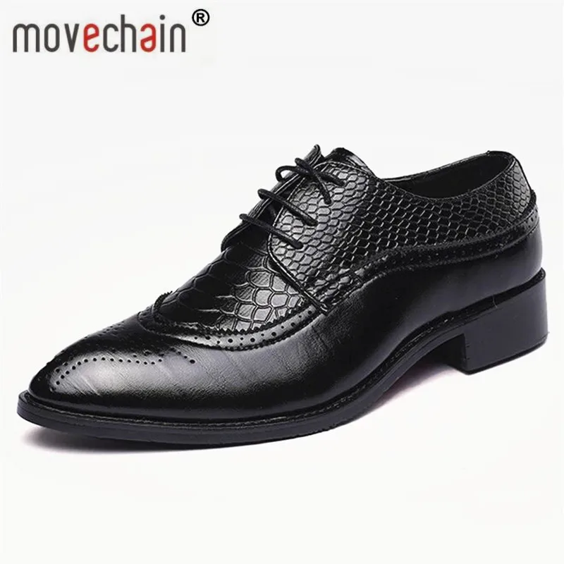 

Movechain Men's Snakeskin Grain Leather Lace-Up Business Dress Shoes Mens Fashion Casual Flat Man Vintage Brogue Shoe Plus Sizes