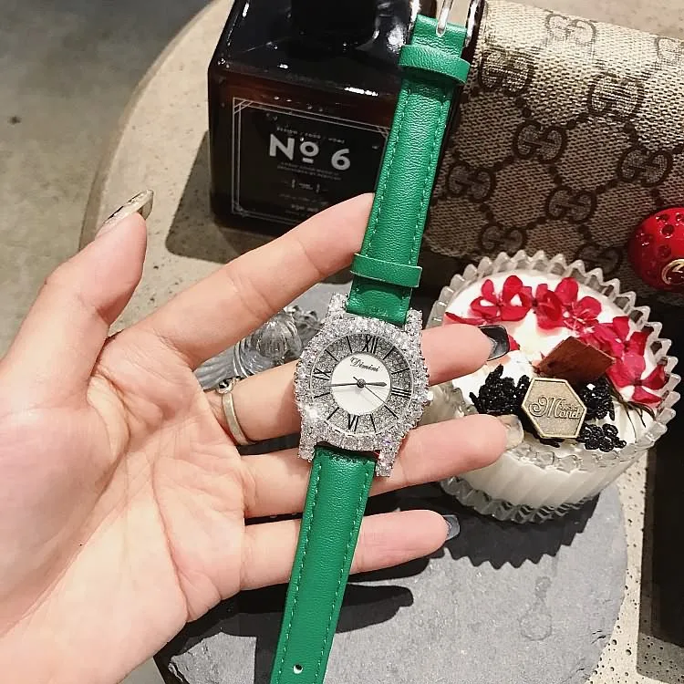 Топ бренд Роскошные Дизайнерские Брендовые женские часы с кожаным ремешком женские часы под платье латунный чехол женские кварцевые часы в римском стиле - Цвет: Small size-Green