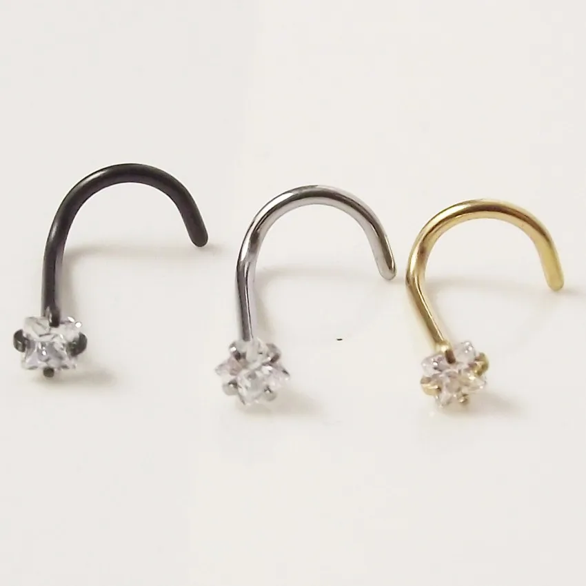 1Piece Free shipping 0.8x7x2mm Square Zircon Twist Screw Nose Ring Hoop