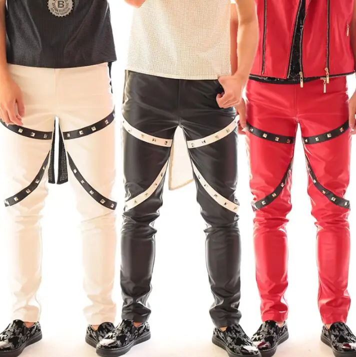 Stage personality men leather pants rivet pant men feet trousers singer