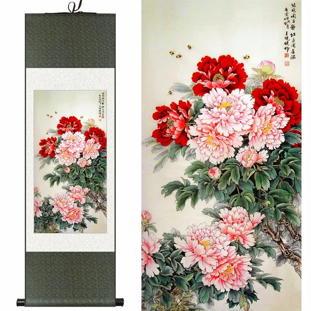Chinese silk watercolor flower and birds ink rich peony feng shui