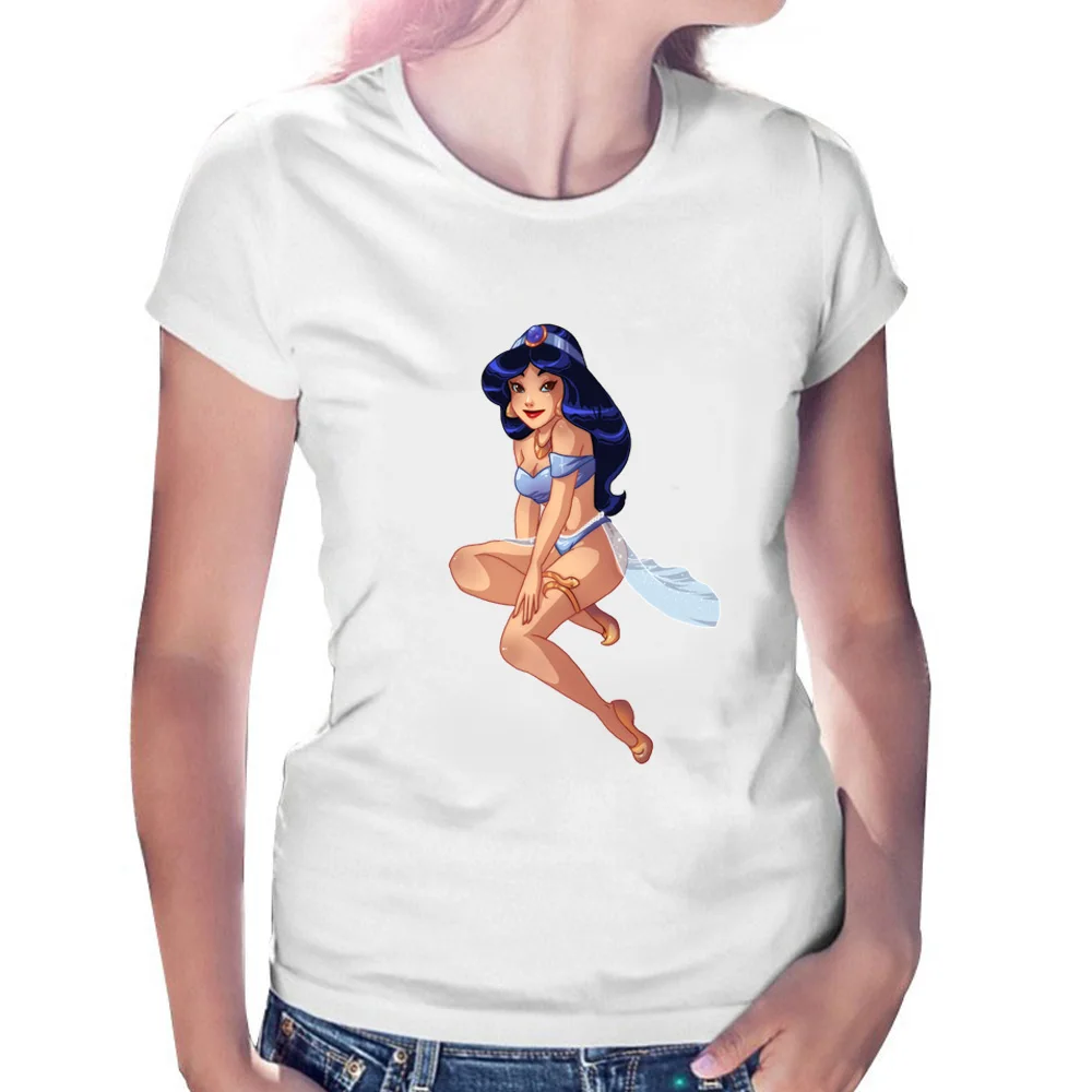 

T shirt women Mermaid Princess mulan Aladdin Print T-shirts lady cartoon sexy girl Summer Short Sleeve White Tops Tee for girls