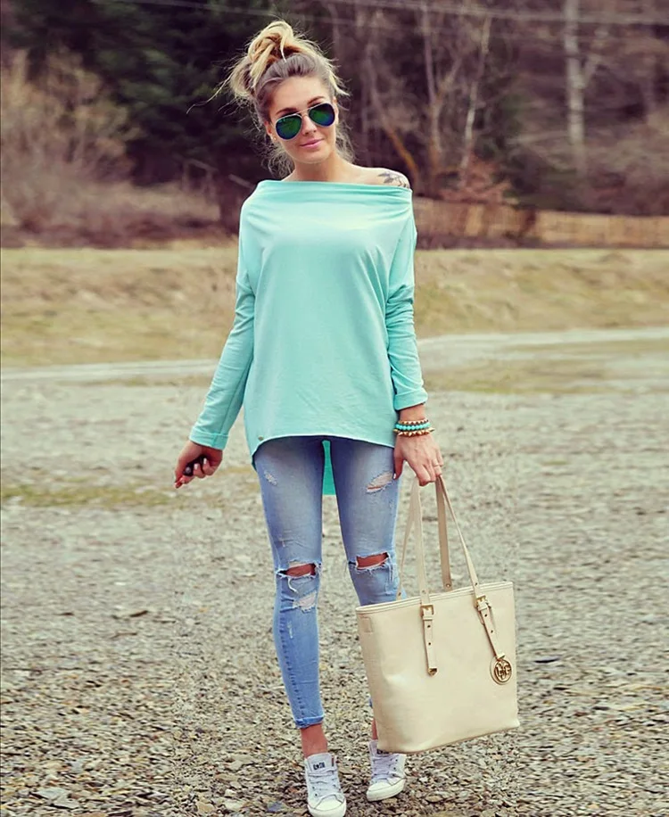 

2018 New Cotton Women T-Shirt Fashion Autumn Spring Long Sleeve Sexy Strapless Irregular Shirts Casual Sexy Solid T Shirt