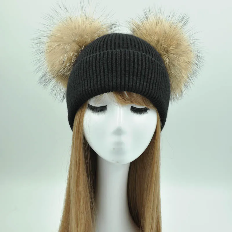 Двойной помпон натуральный мех шапка Для женщин зима Кепки вязаная шерстяная шапка кашемир Кепки повязку для девочек женские осенние два Pom pom Beanie Hat - Цвет: Black natural fur
