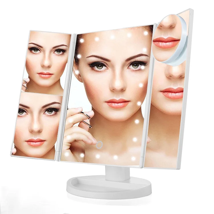 

Three Folding Touch Screen Makeup Mirror Professional Vanity 21 LED Lights Health Beauty with 10X Magnifying Small Mirror