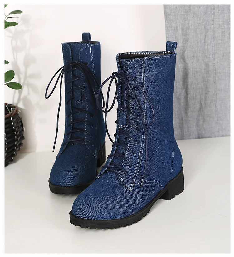 Phoentin/женские джинсовые ботинки до середины икры на шнуровке короткие женские зимние ботинки синего цвета на плоской подошве средней высоты джинсовая проклеенная женская обувь FT155