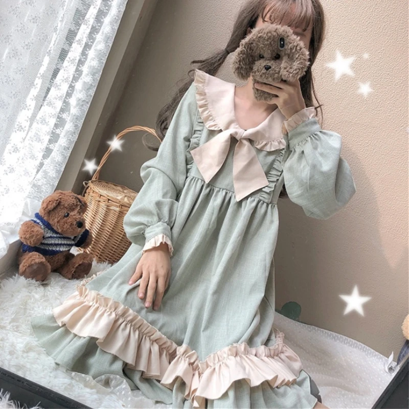 

Women's Clothing Spring Autumn Lolita style dress women sweet Bow Peter pan Collar Lantern Sleeve Japan ulzzang Dresses New