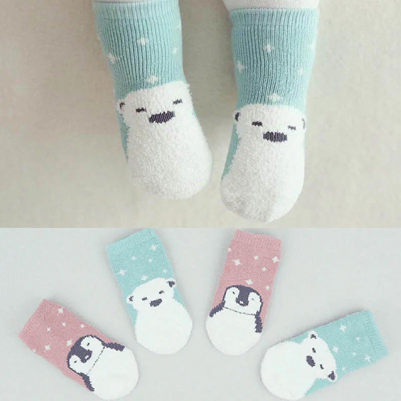 Осенне-зимние хлопковые носки для новорожденных носки для маленьких мальчиков и девочек Нескользящие Детские носки с милым рисунком пингвина удобные носки