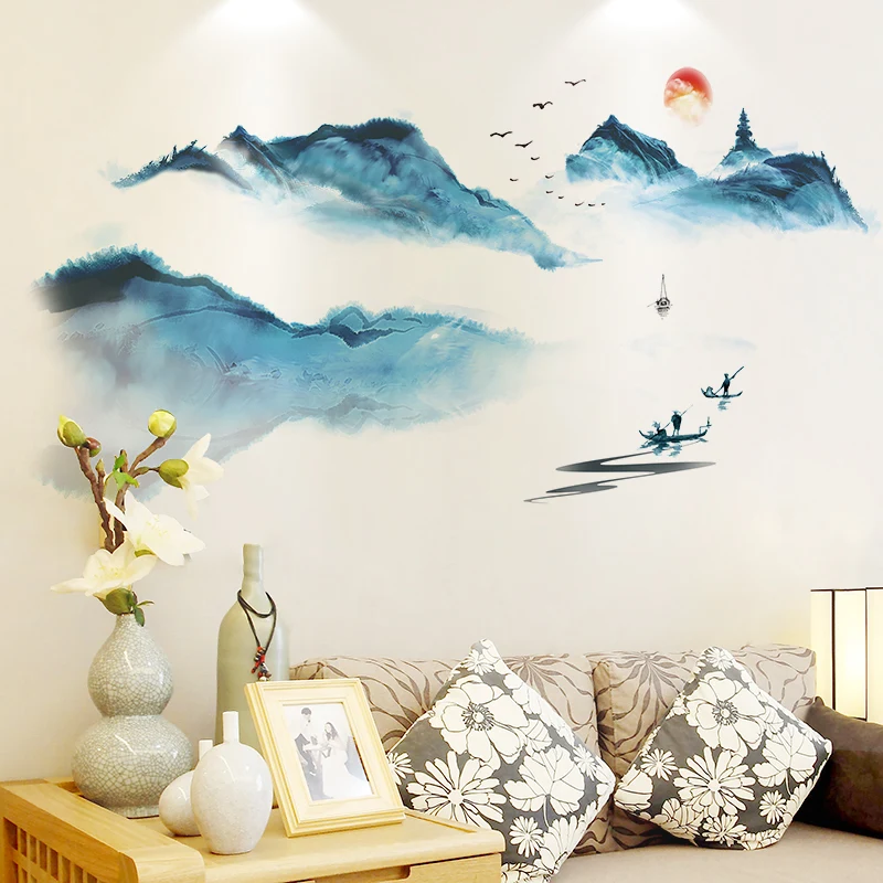 [SHIJUEHEZI] Chinese Painting Wall Stickers Interior Design Mountains Wall Decals for Living Room Bedroom Decoration