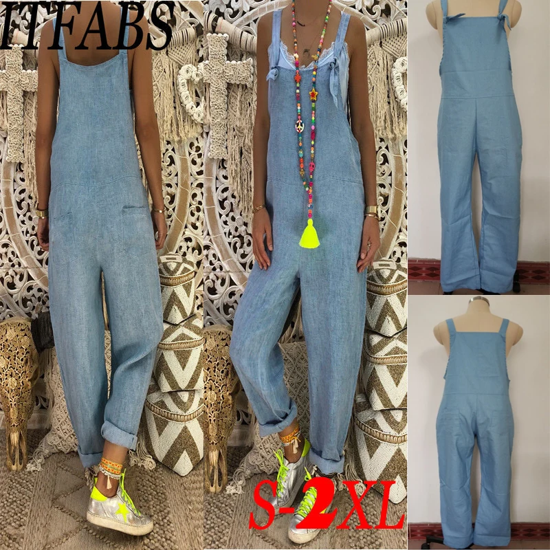 Summer Women Casual Loose Denim Bodysuits Overalls Sleeveless Playsuits