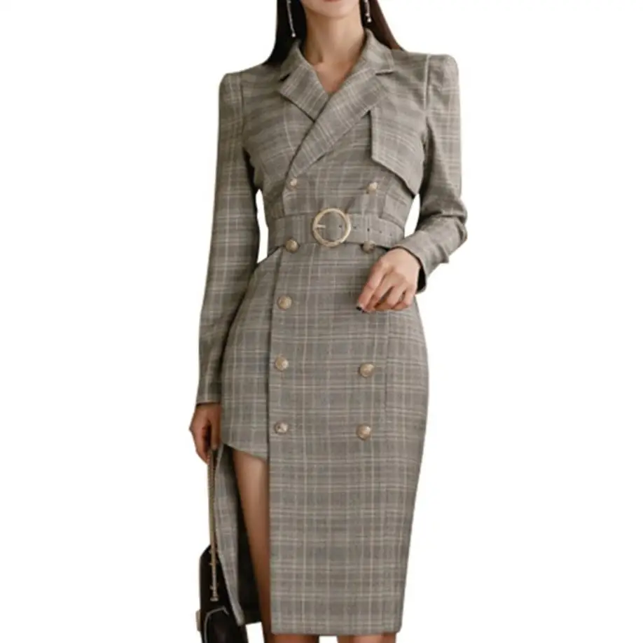 

New Office Lady 2019 Autumn Women Double-breasted Long Blazers Suit Collar Blaser Coat Long Sleeve Irregular Blazers