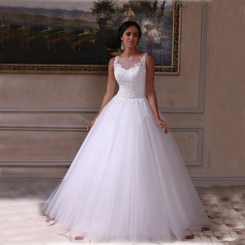New White Sheer Neck See Through Wedding Dresses Princess Rose Long