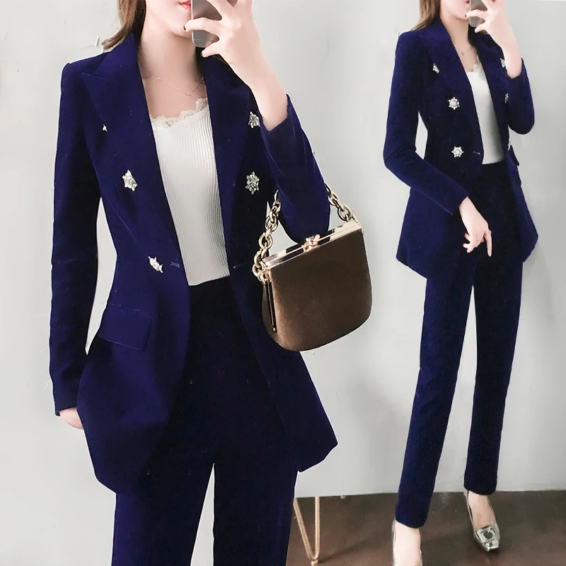 

2 piece set elegant women's blue blazer Nine pants suit women's winter new OL professional suit small suit British style spring