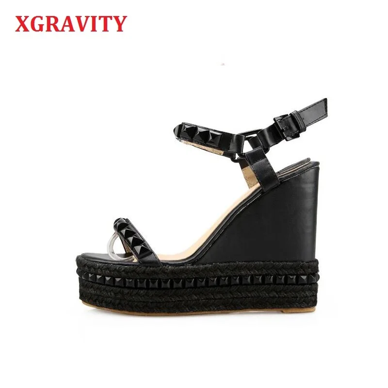 XGRAVITY Rivets Design Footwear High Heel Platform Wedge Sandals Elegant Princess Woman Summer Sexy Ladies Party Shoes A157