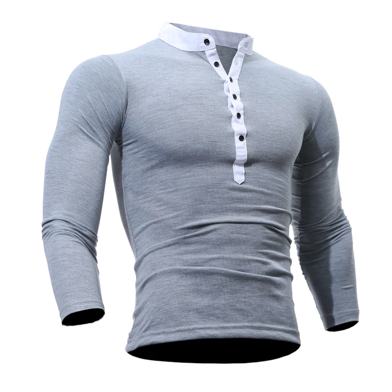 Men Clothing Henley T Shirt Long Sleeve 2018 Male Casual Compression Tight Clothes Breathable Stand Collar Top Tees with Button