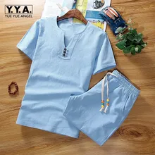 Новое поступление летнее Для мужчин комплекты из хлопка и льна тонкая, с коротким рукавом t-рубашка мод плюс Размеры M-5XL комплект из двух предметов, комплекты с шортами для Для мужчин