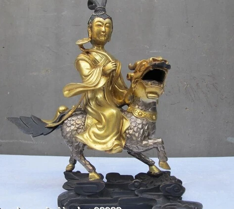 

xd 001485 China Bronze 24K Gold Silver Ru Yin fairy maiden Ride Dragon kylin buddha Statue