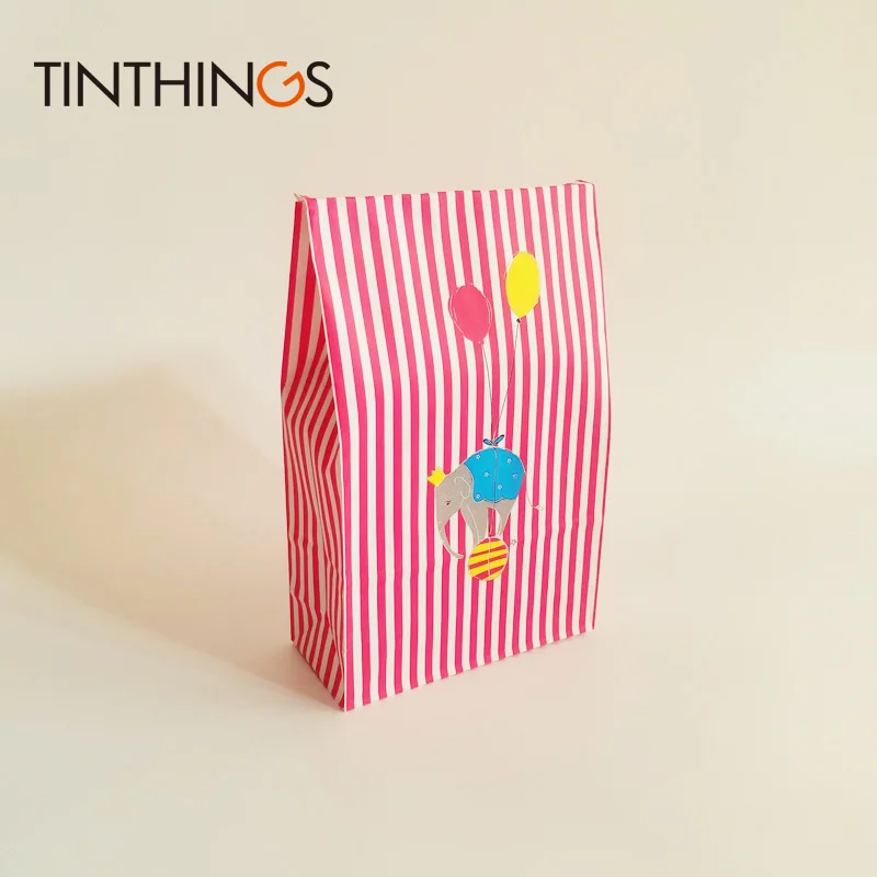 

12 Pcs kraft paper gift bag Candy cookies Red Stripe Animal kraft paper bags birthday Party kids gift packaging bag oil-proof