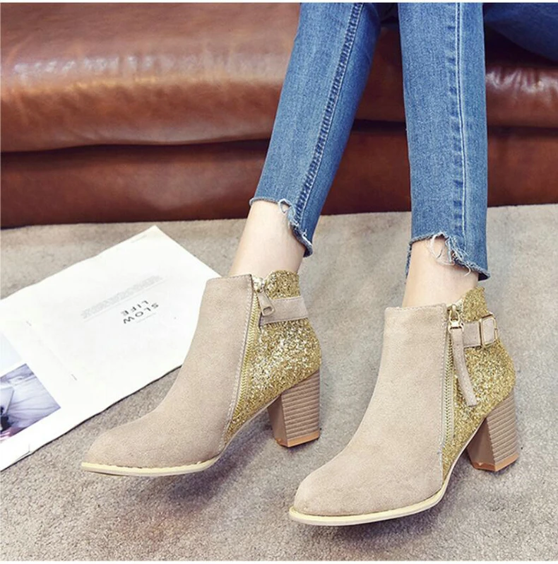 Women's Boots Casual Ankle Boot Lady High Heels Winter Snow Boots Women Genuine Leather Glitter Winter Shoes Women Big Size 43   (8)