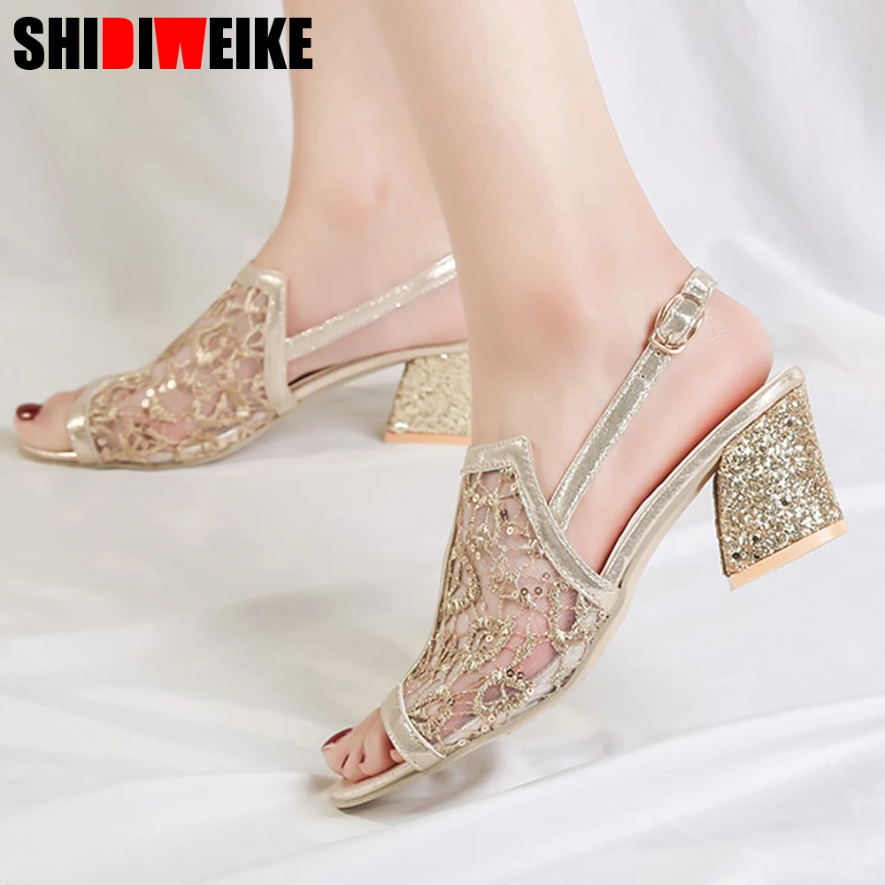 Women sandals 2019 Bling fashion mid heel summer lace slippers women sexy Hollow sandals for women slipper size 35-41 n982